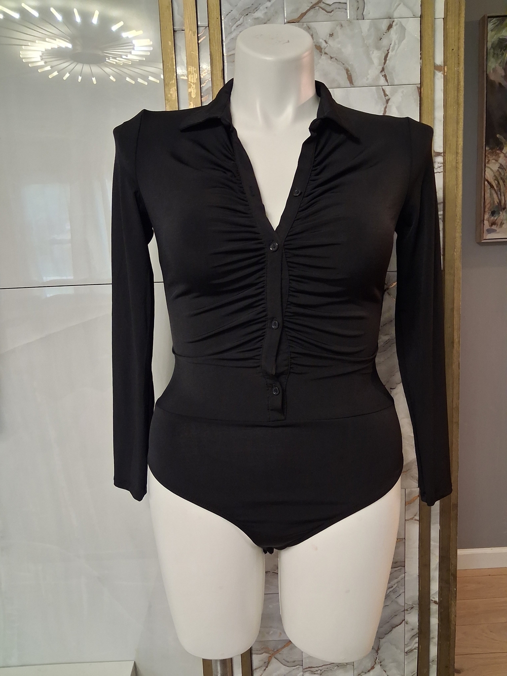 Black Ruched Long-Sleeve Bodysuit - Women Tops